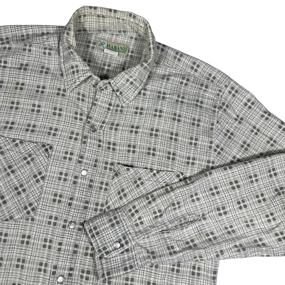 Haband Mens Plaid Pearl Snap Shirt Long Sleeve Grey White Western Medium 14D